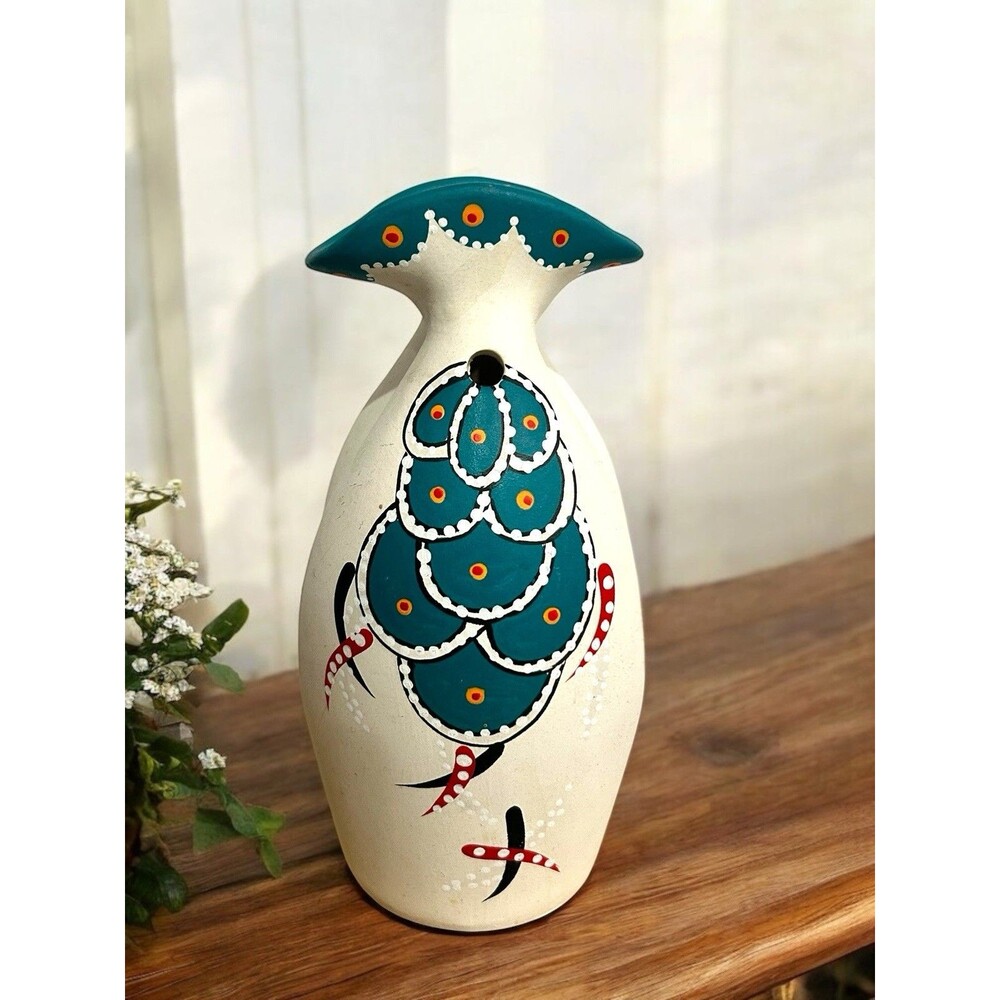 Vtg Matte Glaze Pottery Vase Jug Hand Painted Tapered Top Raised Dots Rope Hole